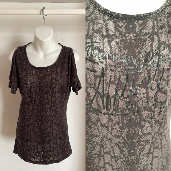AFFLICTION Vintage Y2K Snakeskin Sublimation LOGO Print Cold Shoulder TOP Small - Picture 1 of 9